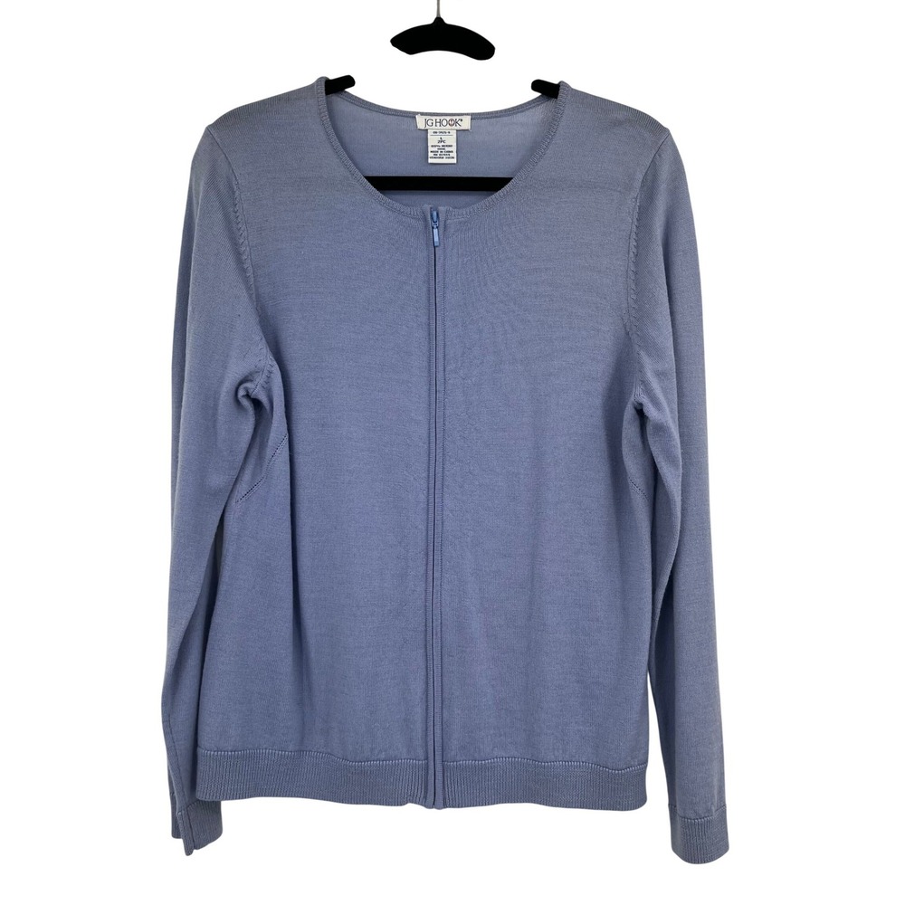 JG Hook Womens Periwinkle Blue 100% Merino Wool Full Zip Cardigan Sweater Large